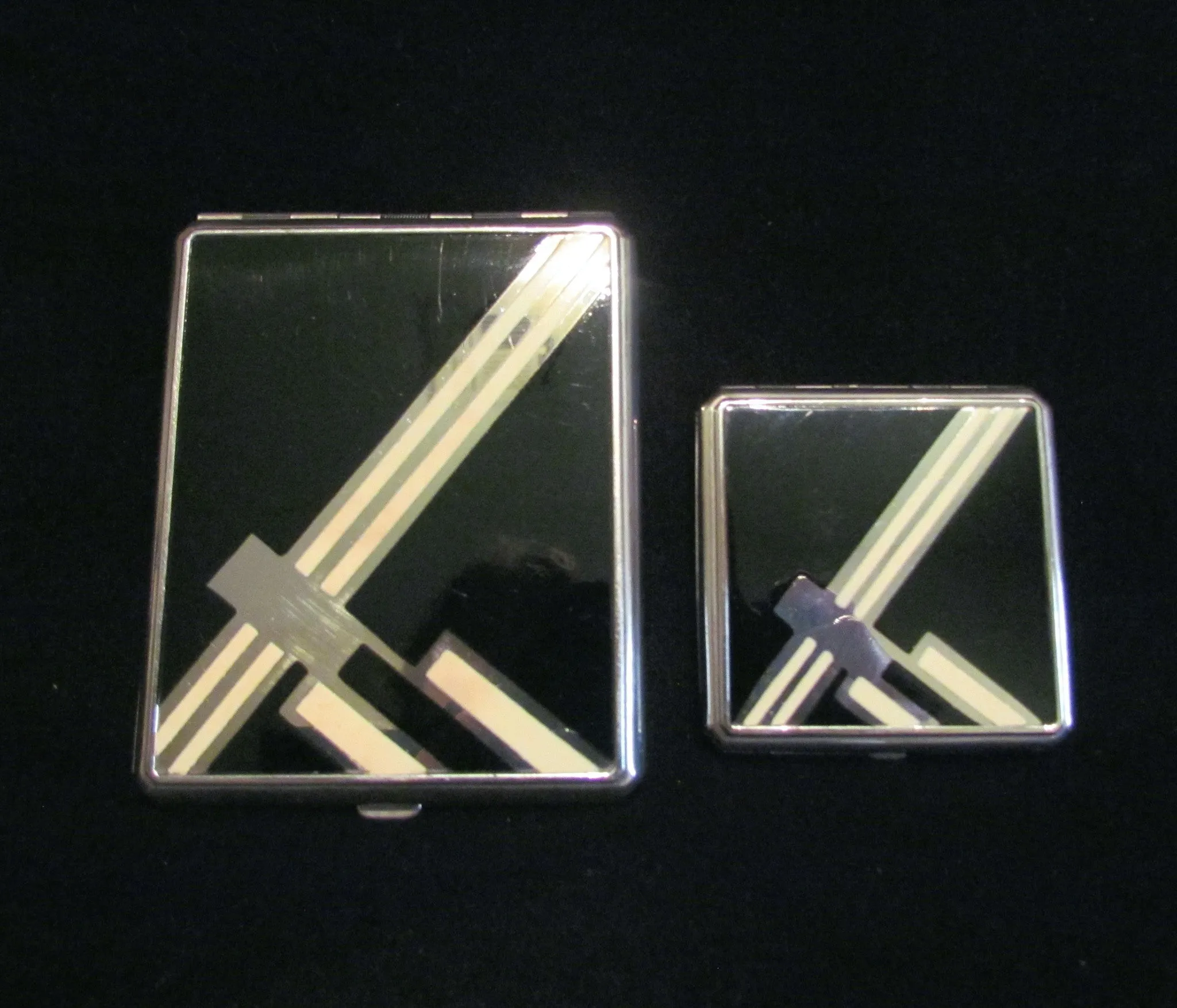 Art Deco Cigarette Case Compact Set 1930s Black & White Enamel Excellent Condition