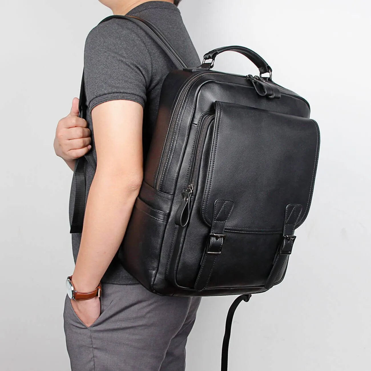 Black Leather Laptop Backpack NZ - Fits 14" Laptops