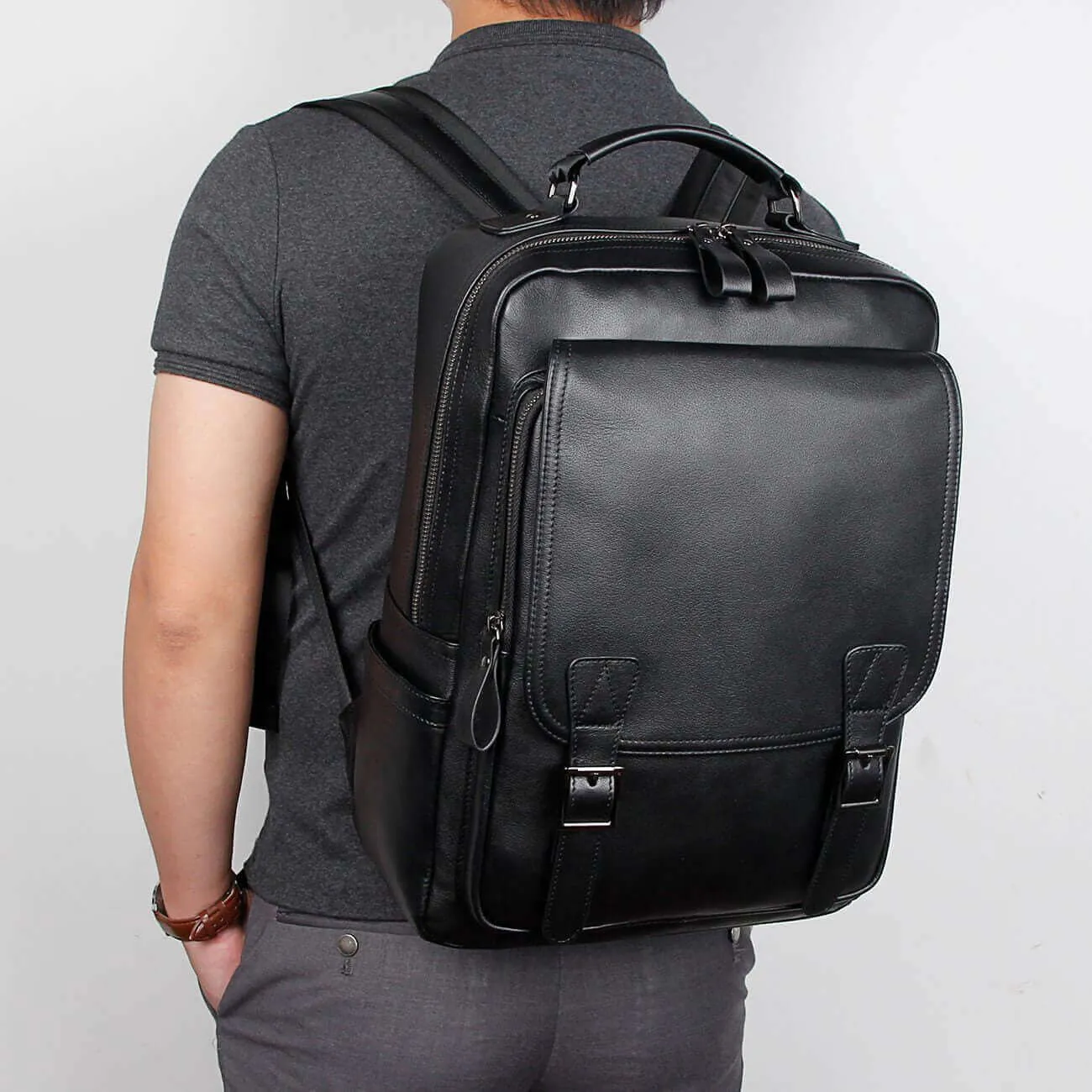 Black Leather Laptop Backpack NZ - Fits 14" Laptops