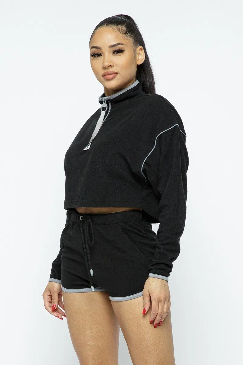 Black Sporty Crop Top And High-Waist Shorts Set