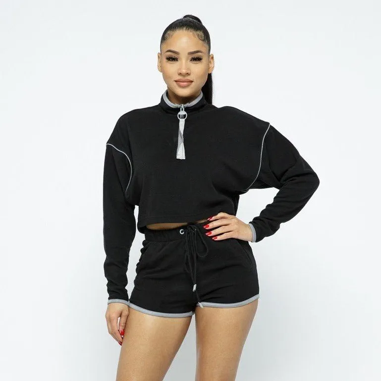 Black Sporty Crop Top And High-Waist Shorts Set