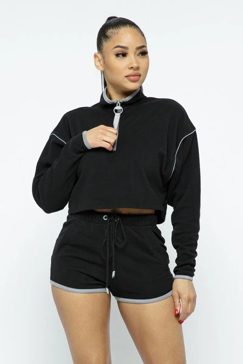 Black Sporty Crop Top And High-Waist Shorts Set