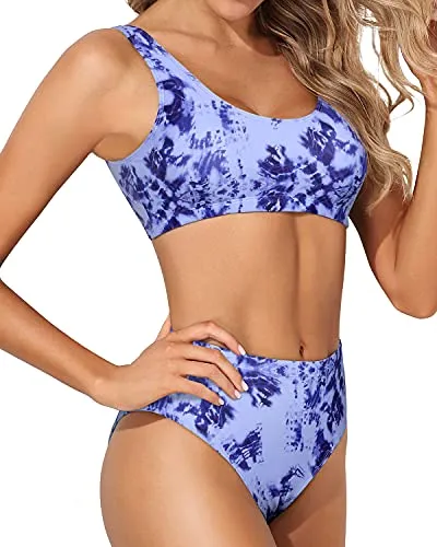 Cheeky High Waisted Bikini Bottoms Sports Two Piece Bikini For Women-Blue Tie Dye