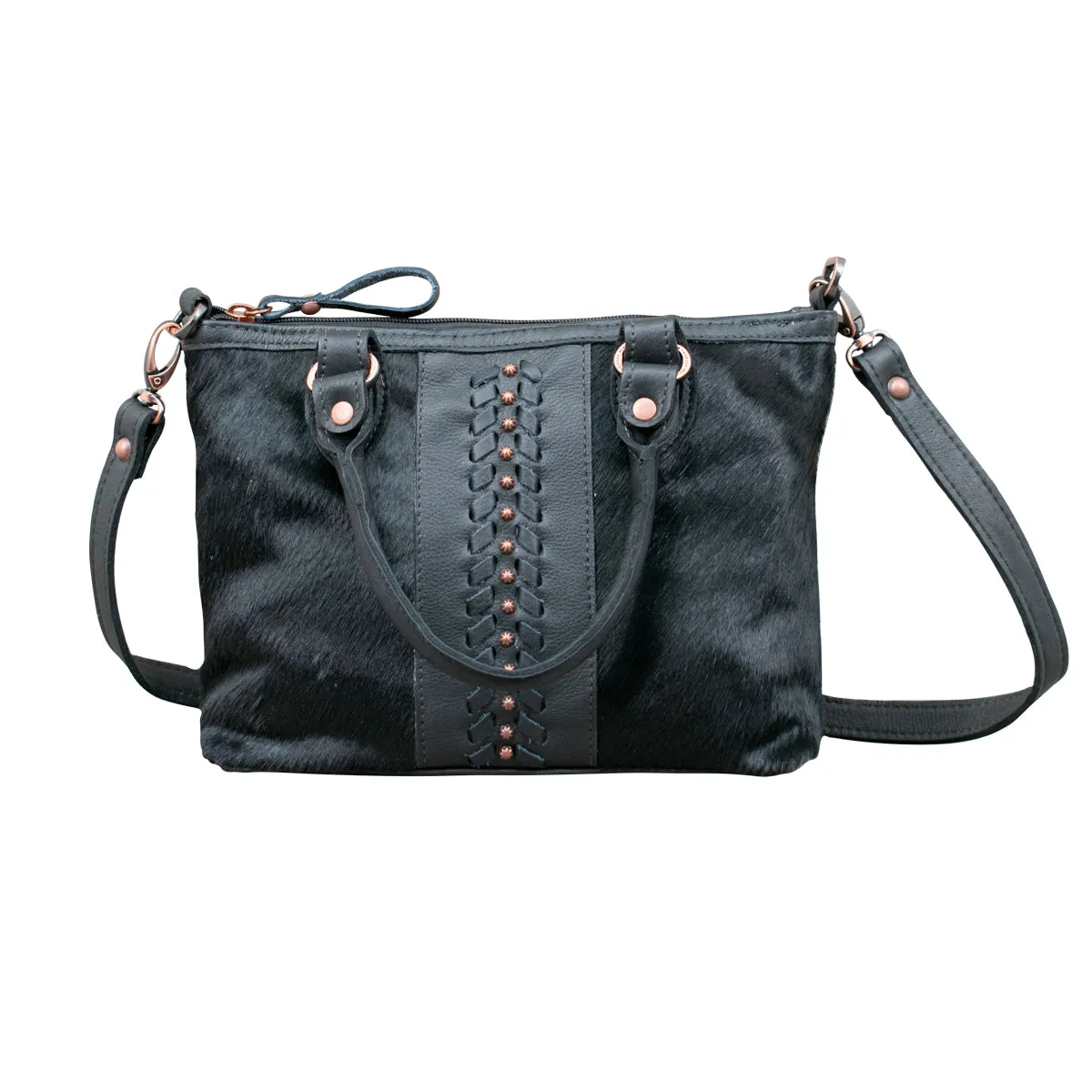 Cow Town Small Zip-Top Convertible Satchel with Secret Compartment - Black and Black Hair on Hide