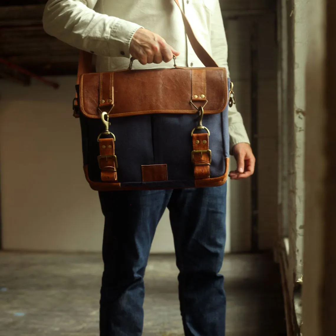 Dazzlo Leather and Canvas Messenger Bag - Brown - 15"