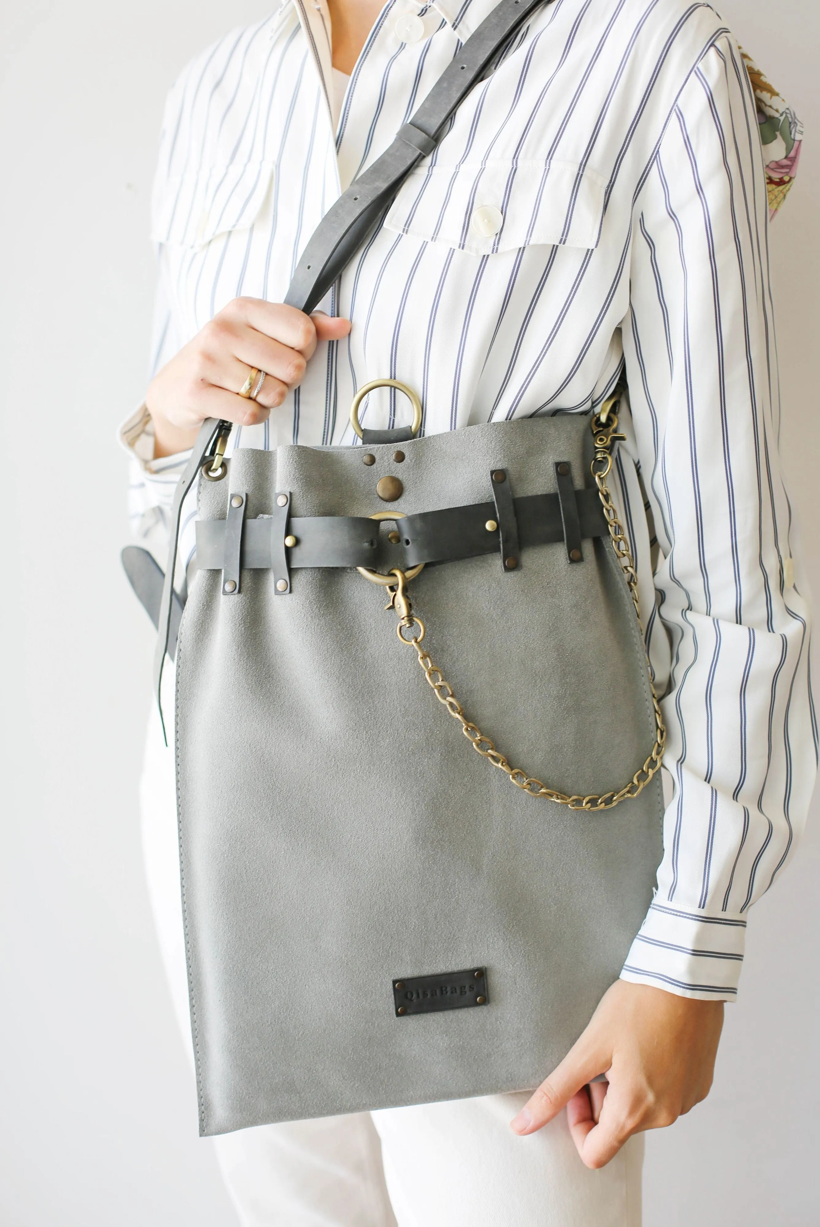 Gray Suede Backpack- "Ring Belt"