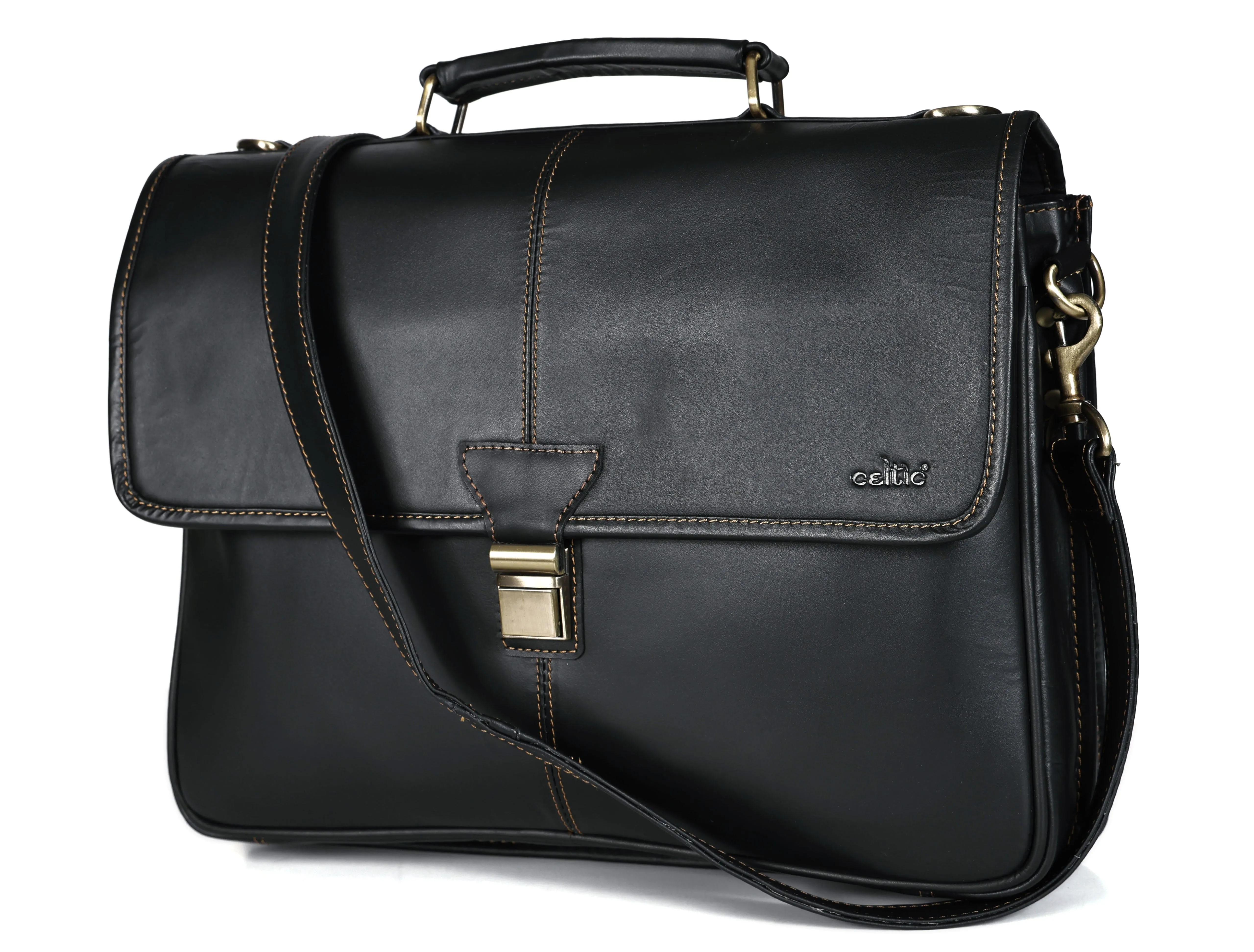 Handcrafted Black Laptop Bag: Brush Antique Fittings, Tan Stitching, and Unmatched Sophistication, Art: BG-1700