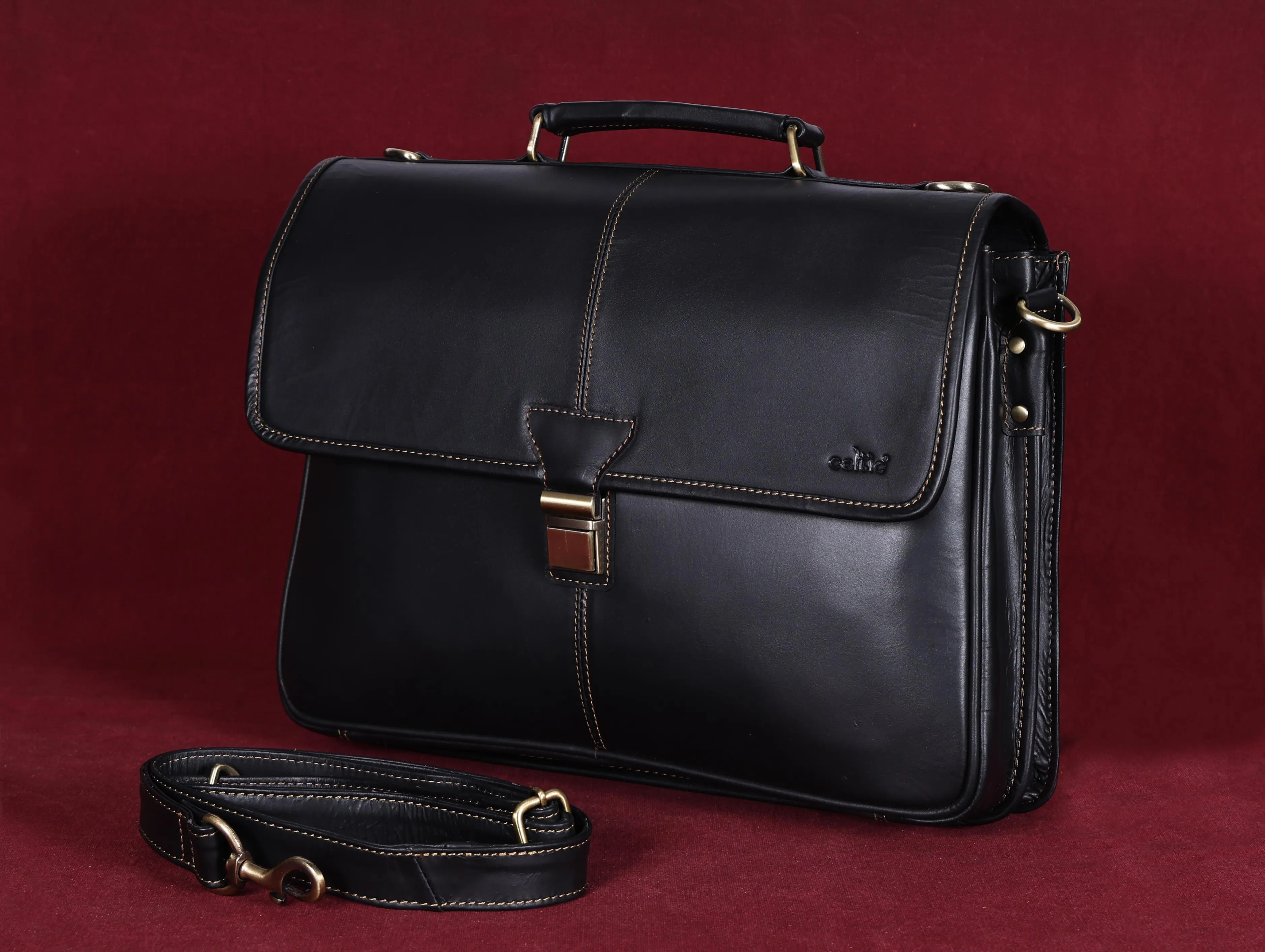 Handcrafted Black Laptop Bag: Brush Antique Fittings, Tan Stitching, and Unmatched Sophistication, Art: BG-1700