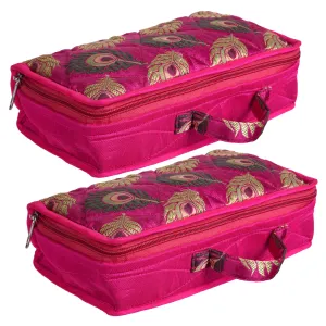 Kuber Industries Jewellery Kit | Satin Morpankh Print Jewellery Kit | 4 Flappable Pouches & 2 Extra Compartment | Cosmetic Kit for Necklace | Bracelet | Pack of 2 | Pink