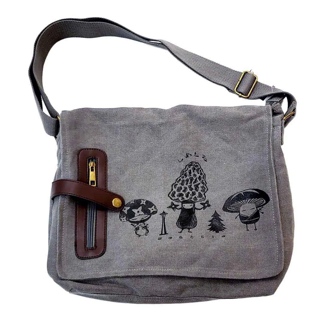 Laptop Bag - Mushroom Samurai Trio on Gray Messenger Bag by Namu