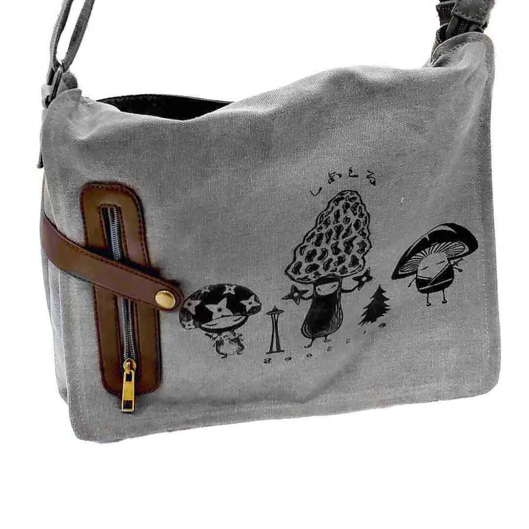 Laptop Bag - Mushroom Samurai Trio on Gray Messenger Bag by Namu