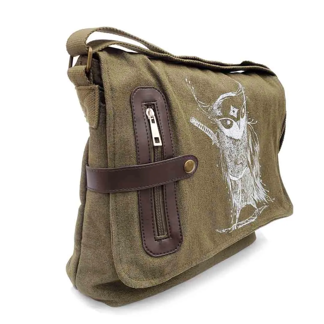 Laptop Bag - Samurai Owl White Ink on Olive Canvas Messenger Bag by Namu