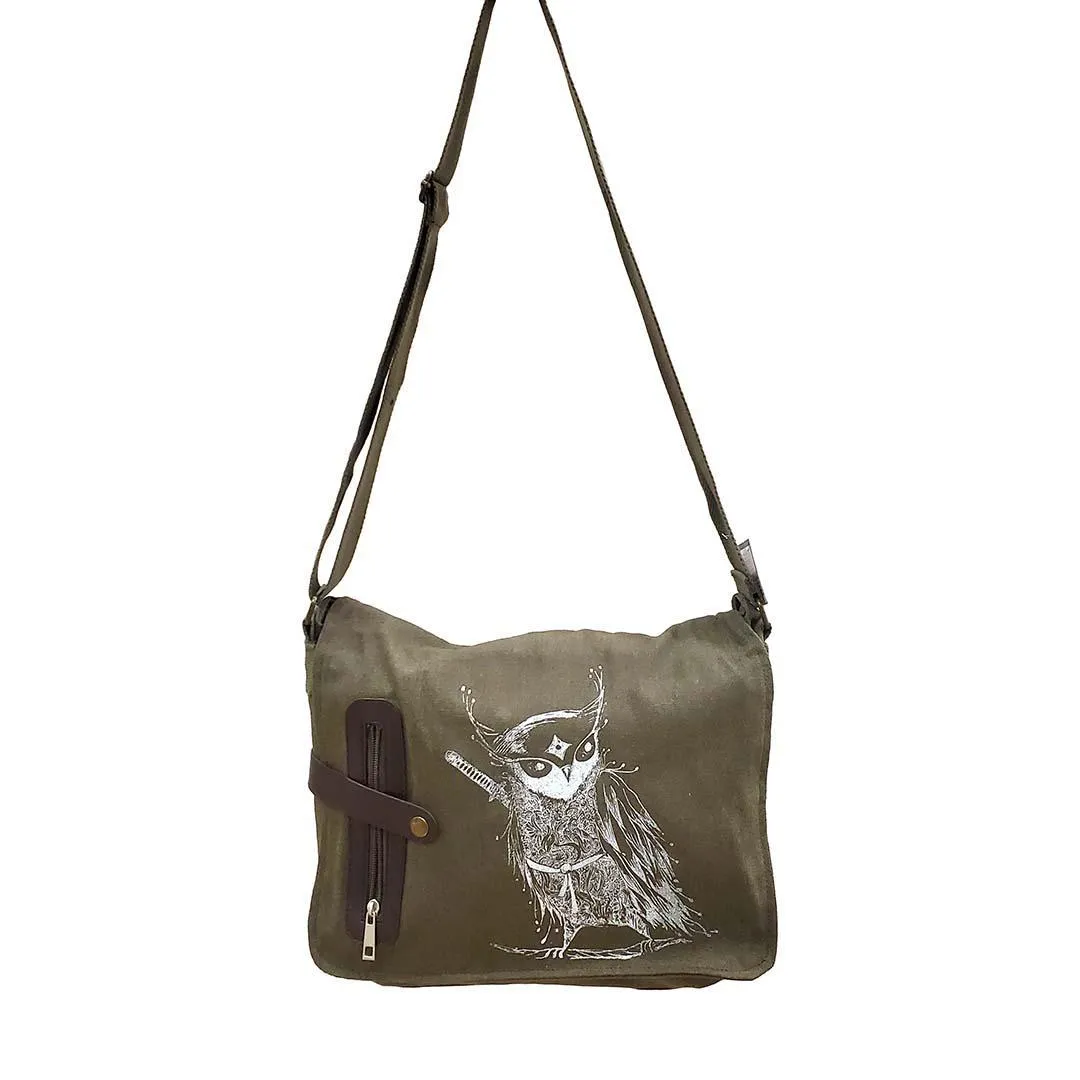 Laptop Bag - Samurai Owl White Ink on Olive Canvas Messenger Bag by Namu