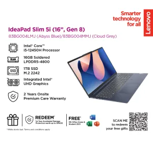 Lenovo IdeaPad Slim 5 16IAH8 16" WUXGA Laptop (Intel® Core™ i5-12450H | 16GB | 1TB SSD | Intel® Graphics | W11 | H&S)