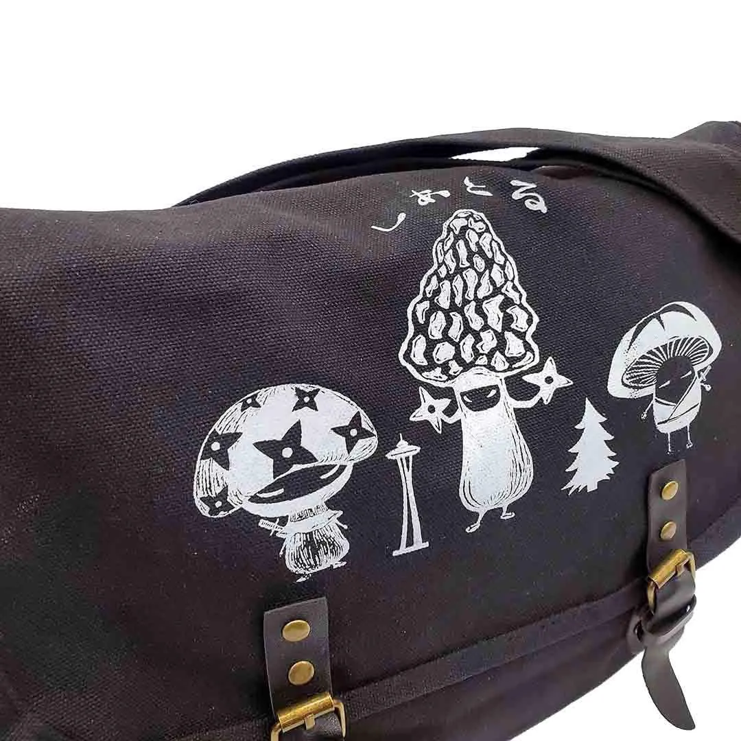 Messenger Bag - XL - White Mushroom Ninja Trio on Black Canvas Bag by Namu