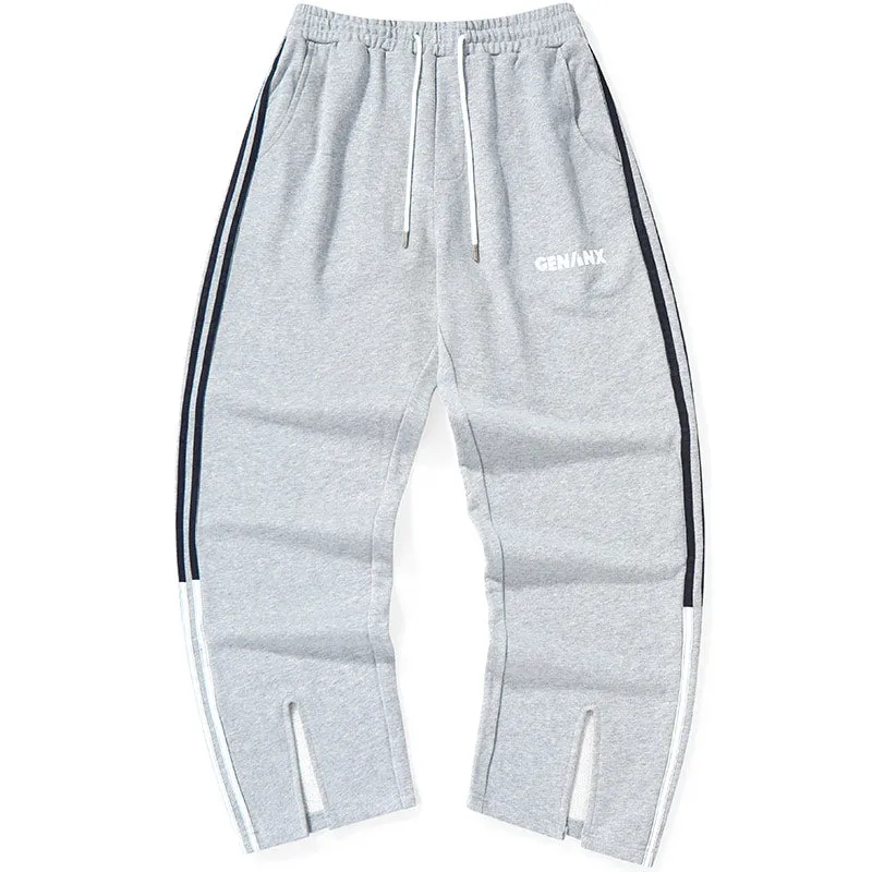 Plain Stripe Split Loose Sporty Pants