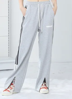 Plain Stripe Split Loose Sporty Pants