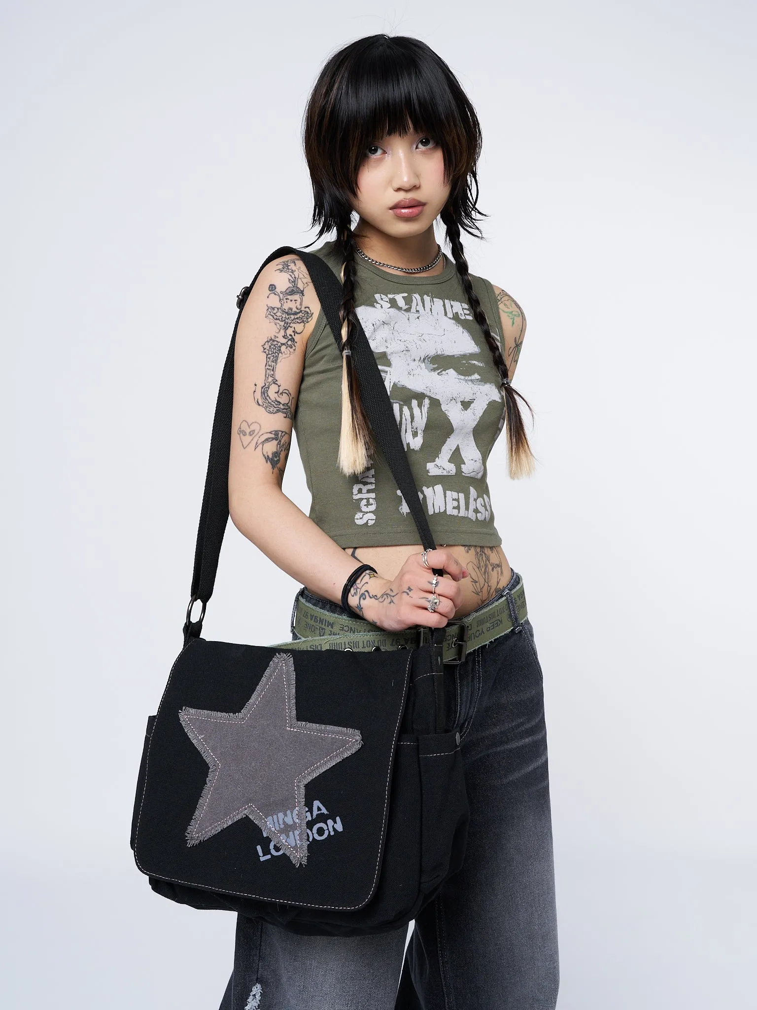 Super Star Black Canvas Messenger Bag